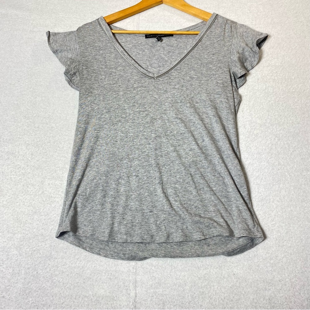 White House Black Market Heather Gray V-Neck Ruffle Sleeve Tee
